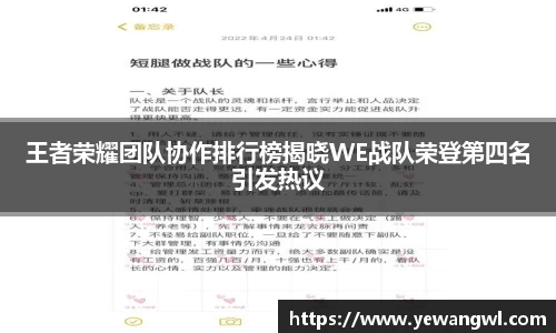王者荣耀团队协作排行榜揭晓WE战队荣登第四名引发热议